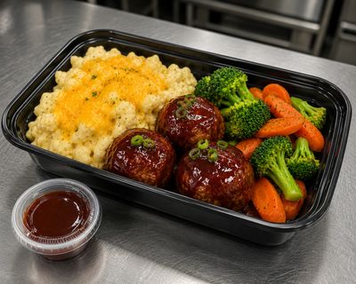 Sugarfree Jerk BBQ Turkey Meatballs w/ Cauli Mac & Veggies