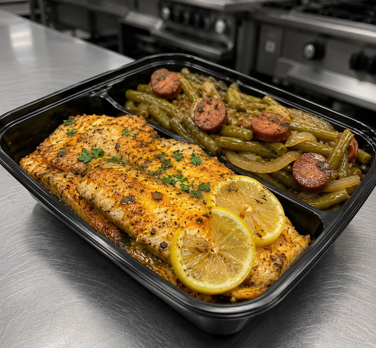 Lemon Pepper White fish w/Smothered green beans