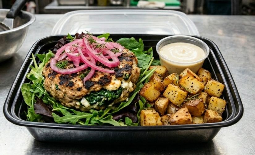 Bunless Turkey Feta/Spinach burger  w/Roasted Potatoes & side Aioli