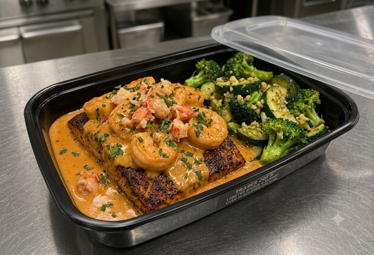 Blackened Salmon w/Trader Joe’s Copycat Lobster  & Shrimp Sauce w/Veggie Medley