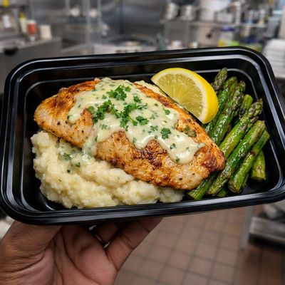Baked fish w/Mash & Lemon Herb Cream Sauce