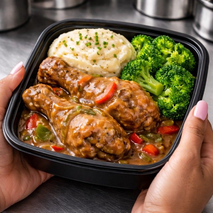 Smothered Chicken Drums w/Red Mash & Broccoli