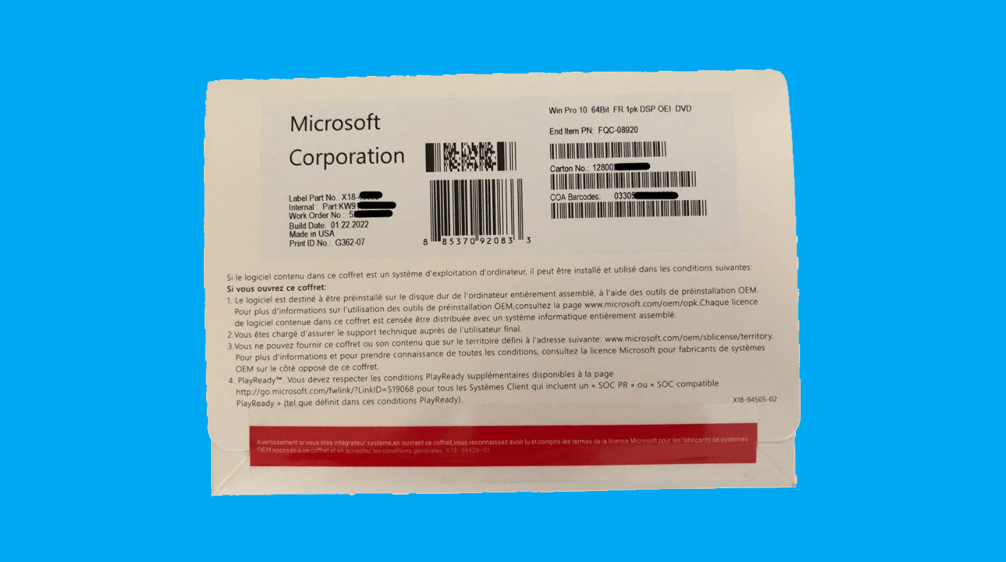 Microsoft® Windows 10 Pro 64 bit Retail langue française. Licence édition  RETAIL.
