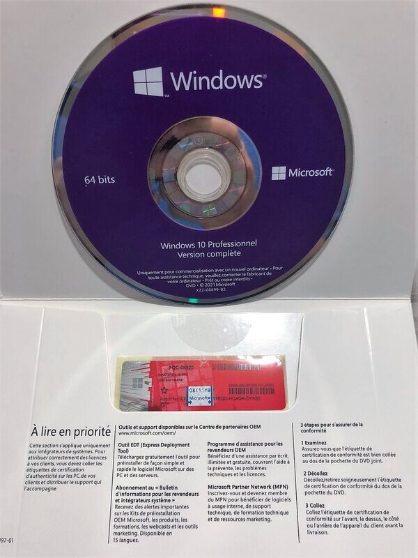 Licence clé sticker Microsoft Windows 10 Pro DVD 64 bit FQC-08920 DSP OEI Neuf
