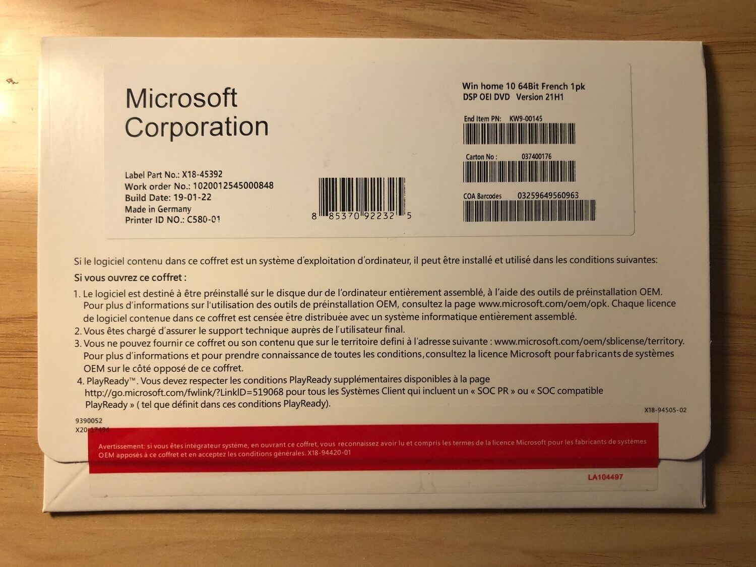 Licence clé Microsoft® Windows 10 Famille DVD 64 bit