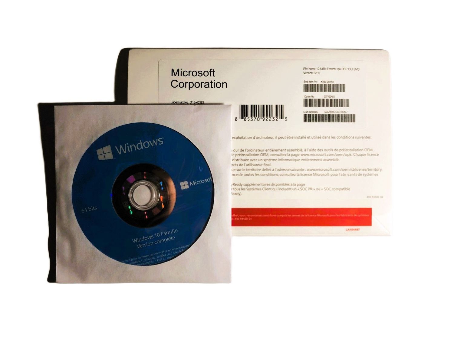 Licence clé sticker Microsoft Windows 10 Famille DVD 64 bit KW9-00145 DSP OEI