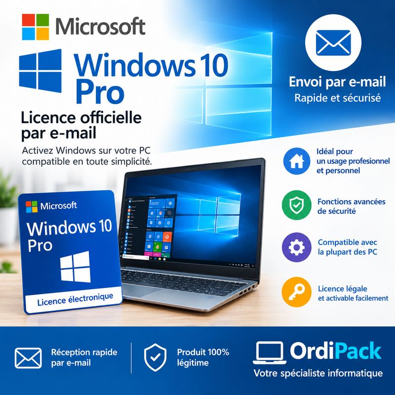 Licence Microsoft Windows 10 Professionnel / Pro – Envoi par e-mail Licence Microsoft Windows 10 Professionnel / Pro – Envoi par e-mail