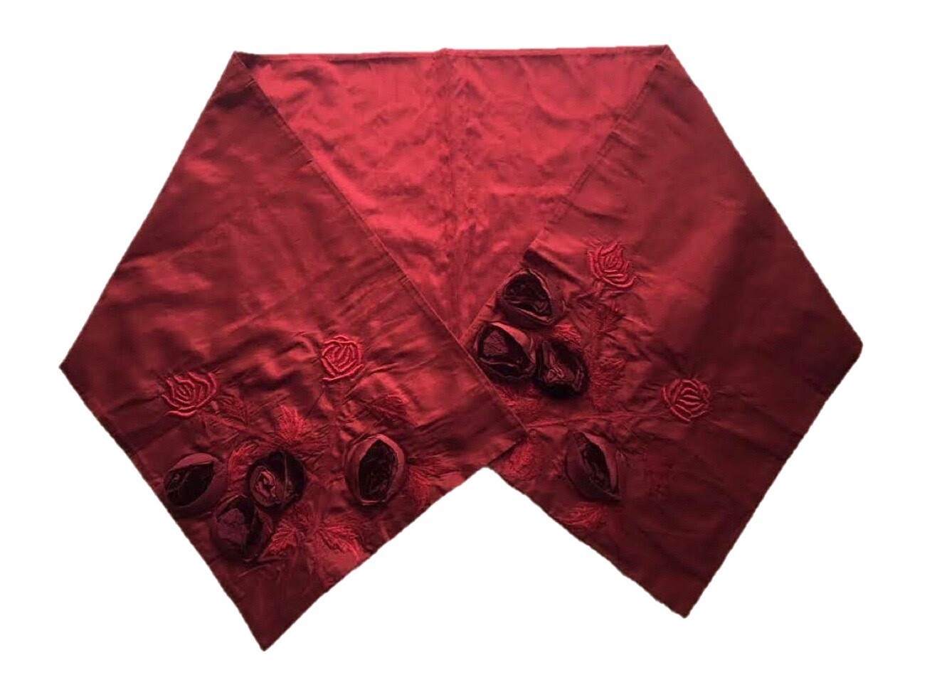 Ruby Red Silk Shawl with Silk Roses