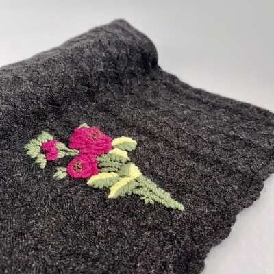 Charcoal Grey Cashmere Rose Embroidered Neck Scarf
