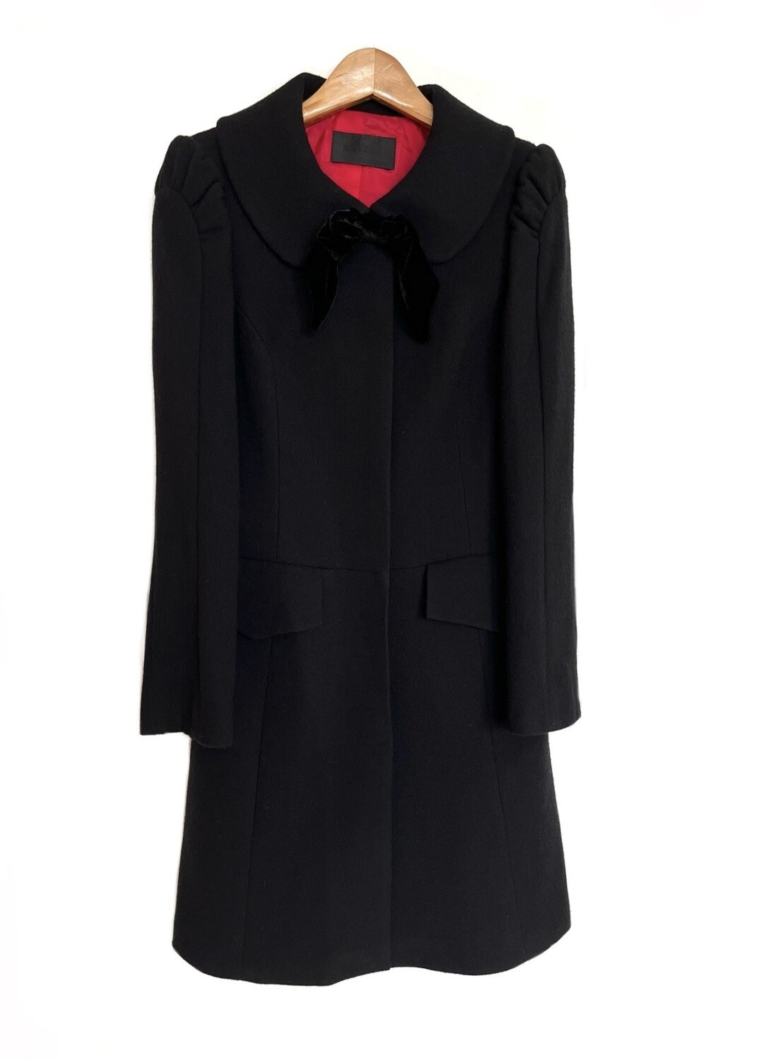 Black Wool Coat with Velvet Bow