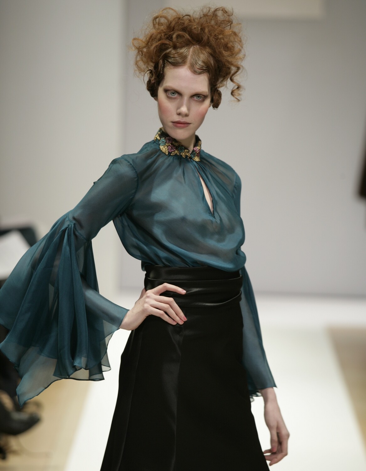 Cobalt Blue Silk Chiffon Satin Weave Blouse with Beaded Collar