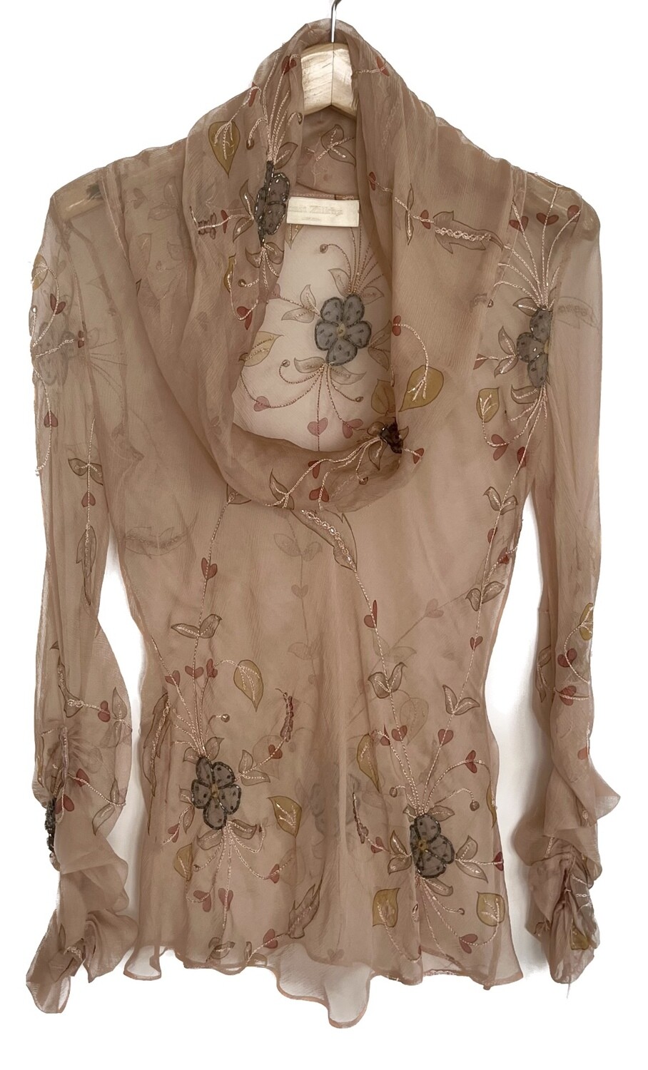 Draped Neck Silk Chiffon Beaded Blouse