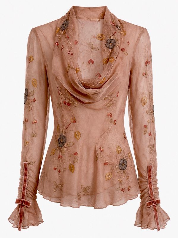 Draped Neck Silk Chiffon Beaded Blouse Draped Neck Silk Chiffon Beaded Blouse