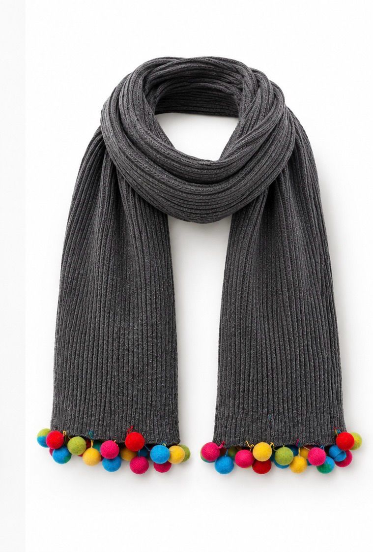 Grey Cashmere scarf with Multi Pom Pom