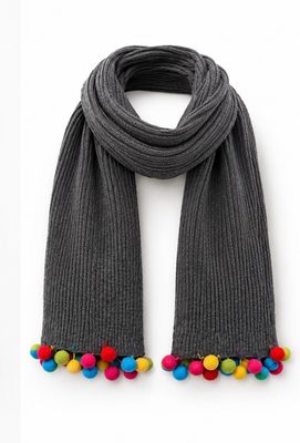 Grey Cashmere scarf with Multi Pom Pom