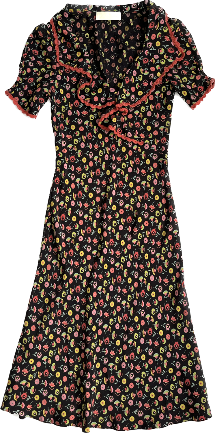 Liberty Print Silk Dress with Draped Collar and Crochet Trim Liberty Print Silk Dress with Draped Collar and Crochet Trim