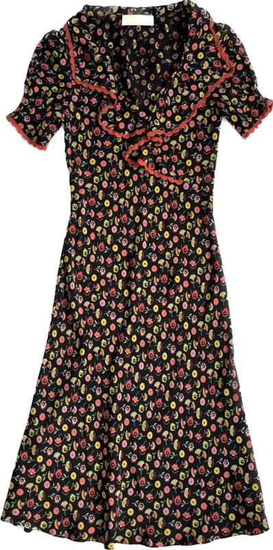 Liberty Print Silk Dress with Draped Collar and Crochet Trim