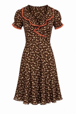 Liberty Print Silk Dress with Draped Collar and Crochet Trim