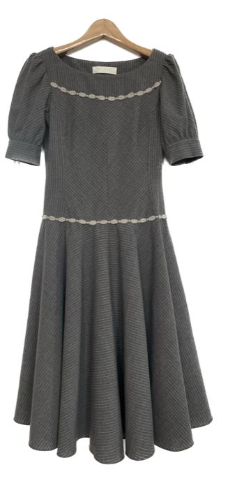 Grey Mélange Pinstriped Flared Dress with Wool Trim
