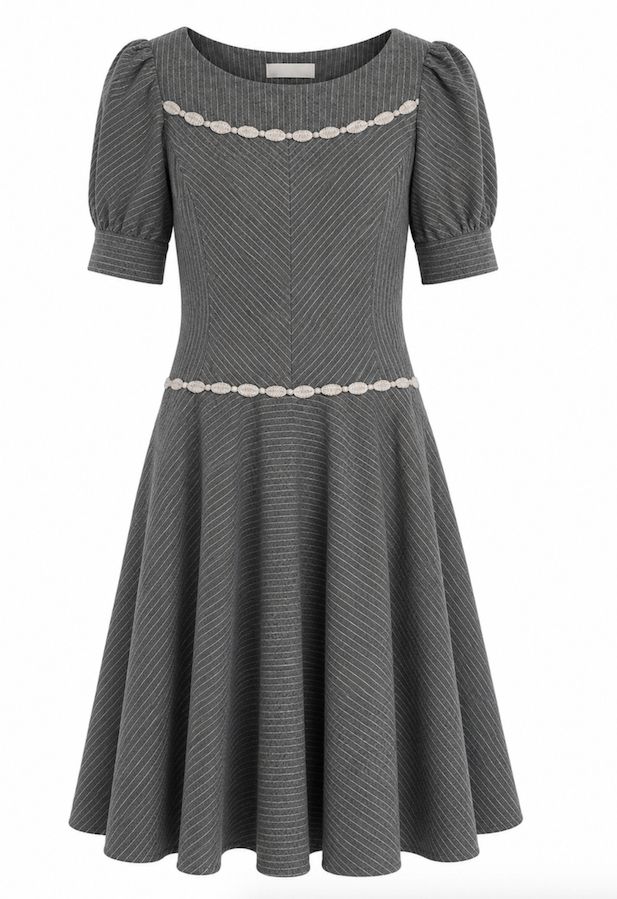 Grey Mélange Pinstriped Flared Dress with Wool Trim Grey Mélange Pinstriped Flared Dress with Wool Trim