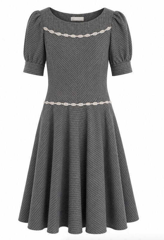 Grey Mélange Pinstriped Flared Dress with Wool Trim Grey Mélange Pinstriped Flared Dress with Wool Trim