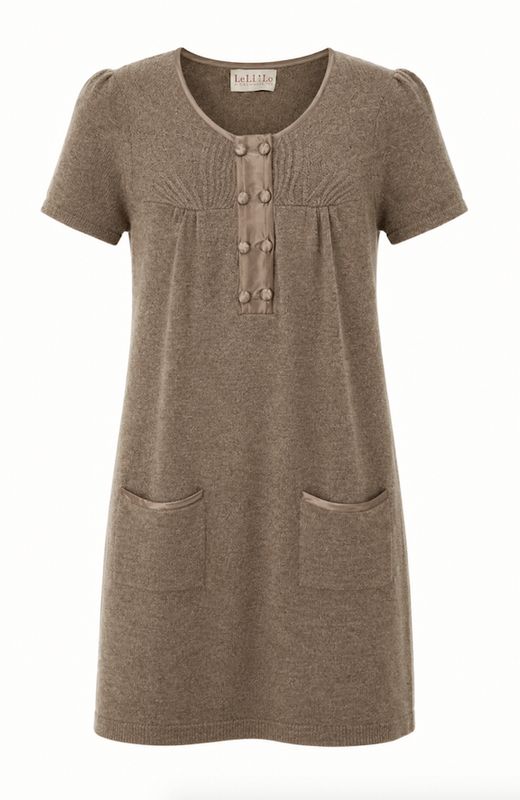 Taupe Mélange Pure Cashmere Knitted Short Dress with Silk Trims Taupe Mélange Pure Cashmere Knitted Short Dress with Silk Trims