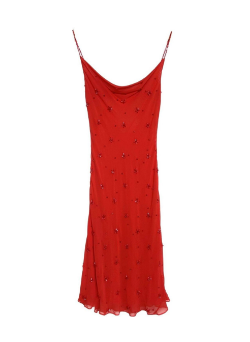 Red Silk Fully Beaded Tiered Dress with Draped Neckline Red Silk Fully Beaded Tiered Dress with Draped Neckline