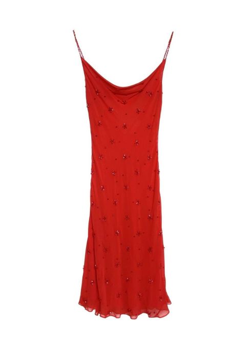 Red Silk Fully Beaded Tiered Dress with Draped Neckline