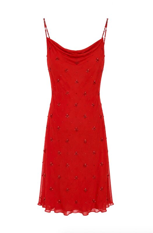 Red Silk Fully Beaded Tiered Dress with Draped Neckline Red Silk Fully Beaded Tiered Dress with Draped Neckline