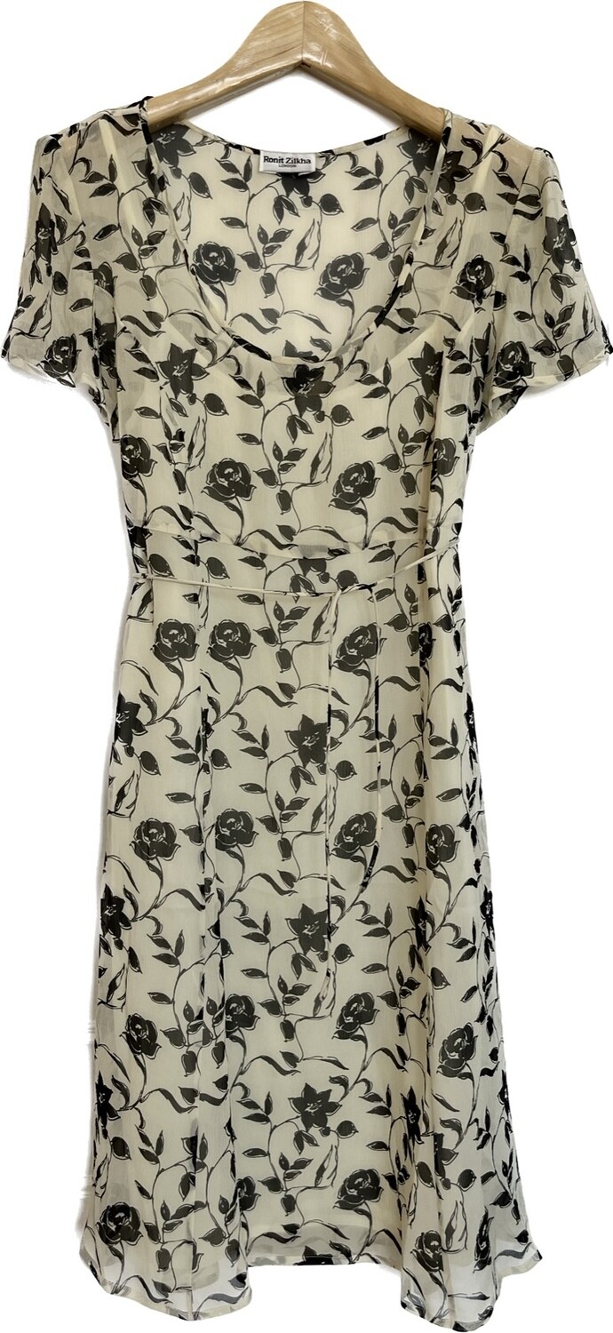 Monochrome Floral Silk Dress with Tie Waist Monochrome Floral Silk Dress with Tie Waist