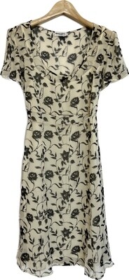 Monochrome Floral Silk Dress with Tie Waist