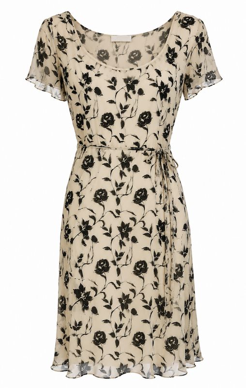 Monochrome Floral Silk Dress with Tie Waist Monochrome Floral Silk Dress with Tie Waist