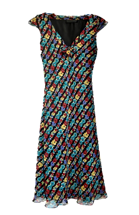 Colourful Floral Silk Dress with Detailed Neckline