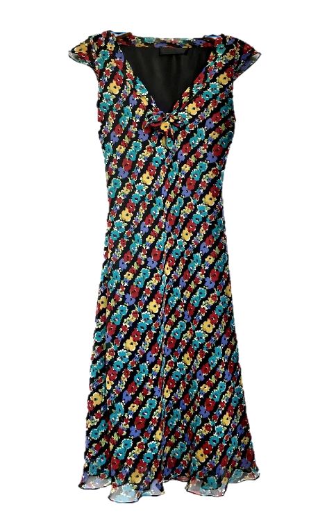 Colourful Floral Silk Dress with Detailed Neckline