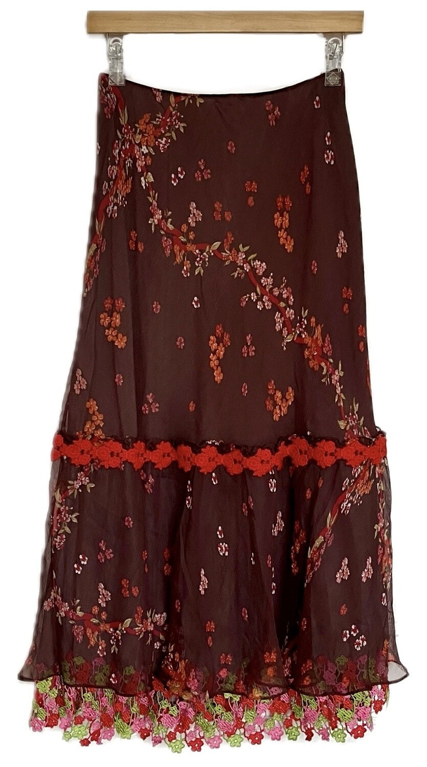 Floral Silk Midi Skirt with Lacy Underlayer Floral Silk Midi Skirt with Lacy Underlayer