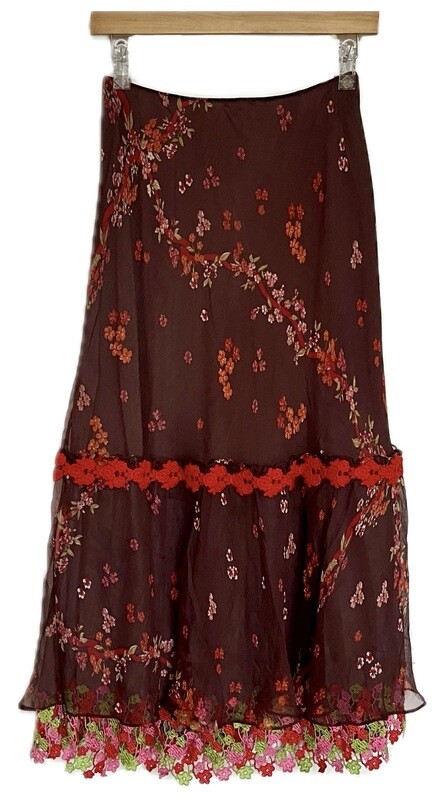 Floral Silk Midi Skirt with Lacy Underlayer