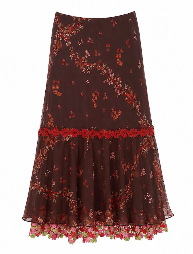 Floral Silk Midi Skirt with Lacy Underlayer
