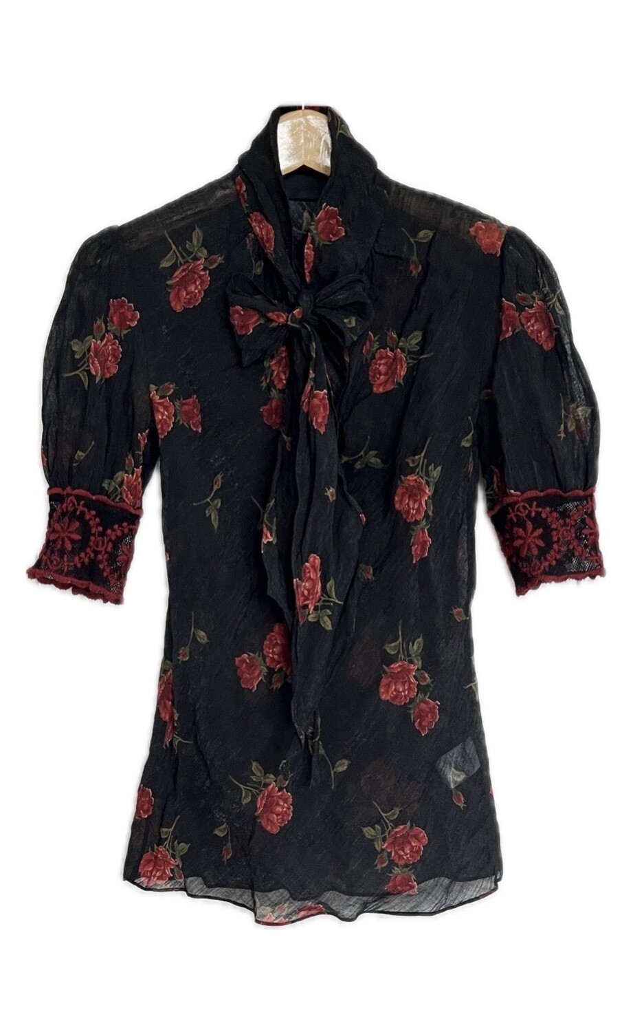 Rose Print Tie Neck Blouse