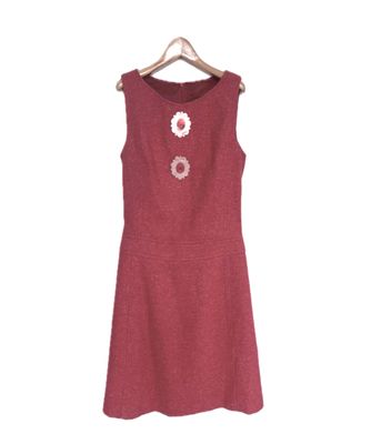 Red Silk & Cotton Tweed A-Line Dress with Button Detail