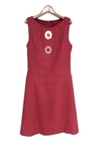 Red Silk & Cotton Tweed A-Line Dress with Button Detail