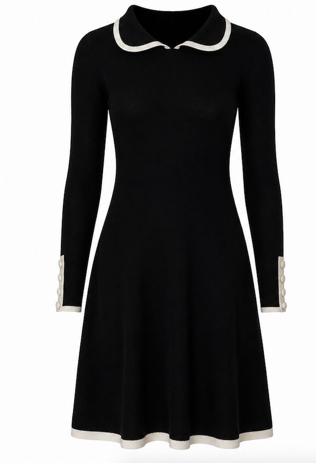 Monochrome Merino Wool Skater Dress with Contrast Trim