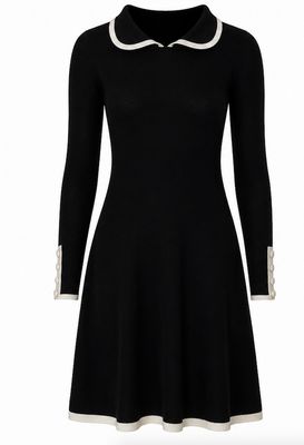 Monochrome Merino Wool Skater Dress with Contrast Trim