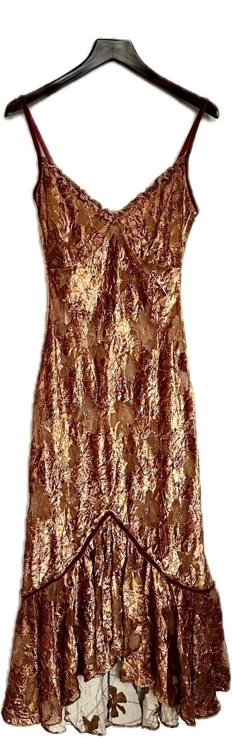 Devore Velvet Print Long Dress with Frilled Hem