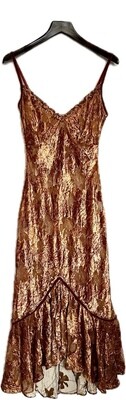Devore Velvet Print Long Dress with Frilled Hem