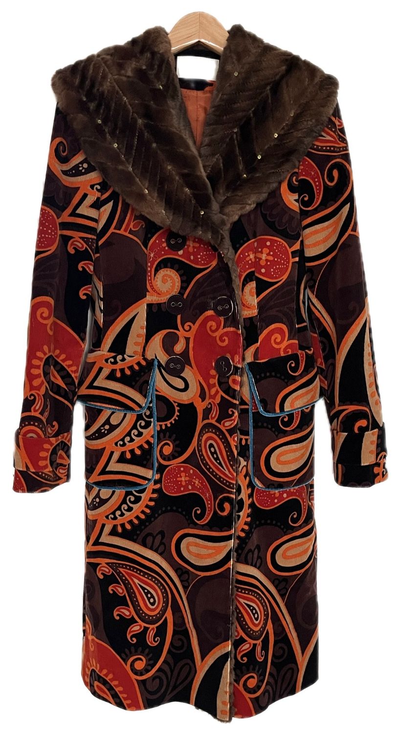 Paisley Print Coat with Embroidered Faux Fur Collar