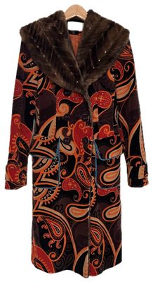 Paisley Print Coat with Embroidered Faux Fur Collar
