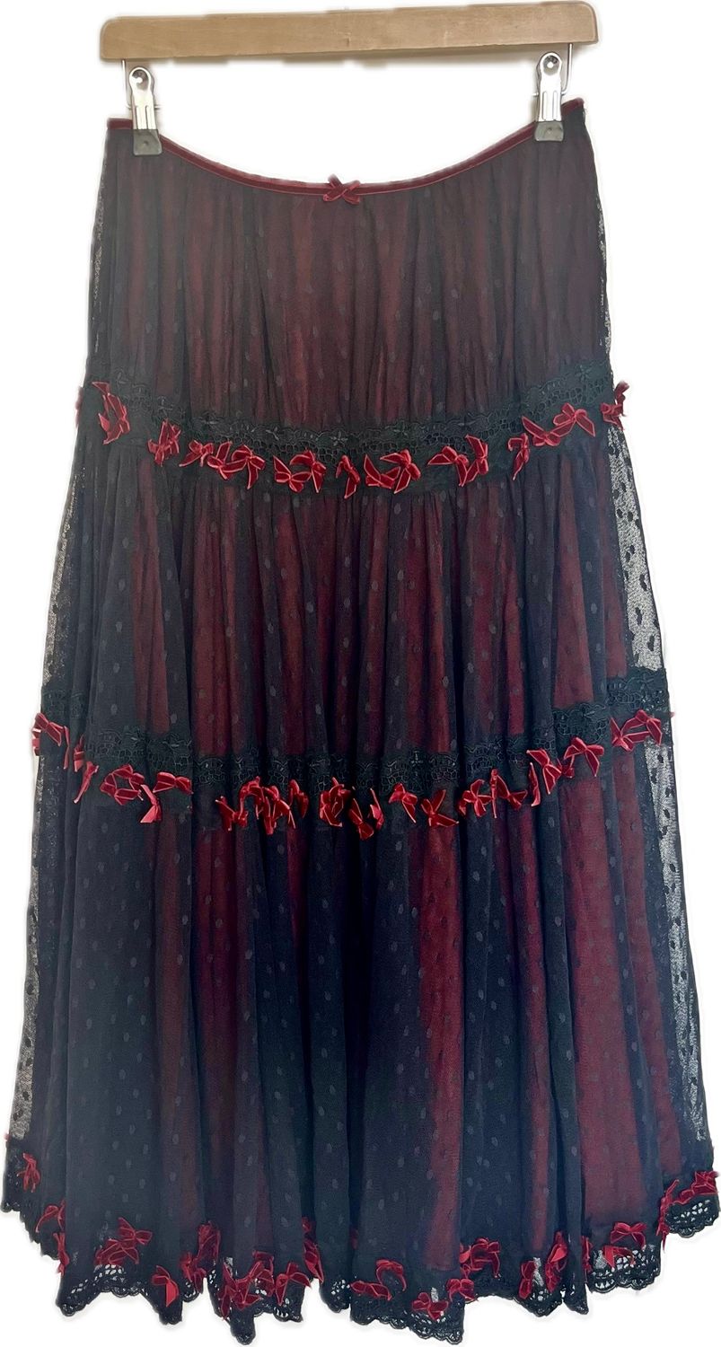Lace Midi Skirt with Velvet Ribbon Detail