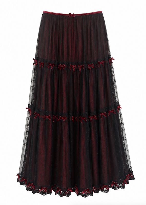 Lace Midi Skirt with Velvet Ribbon Detail