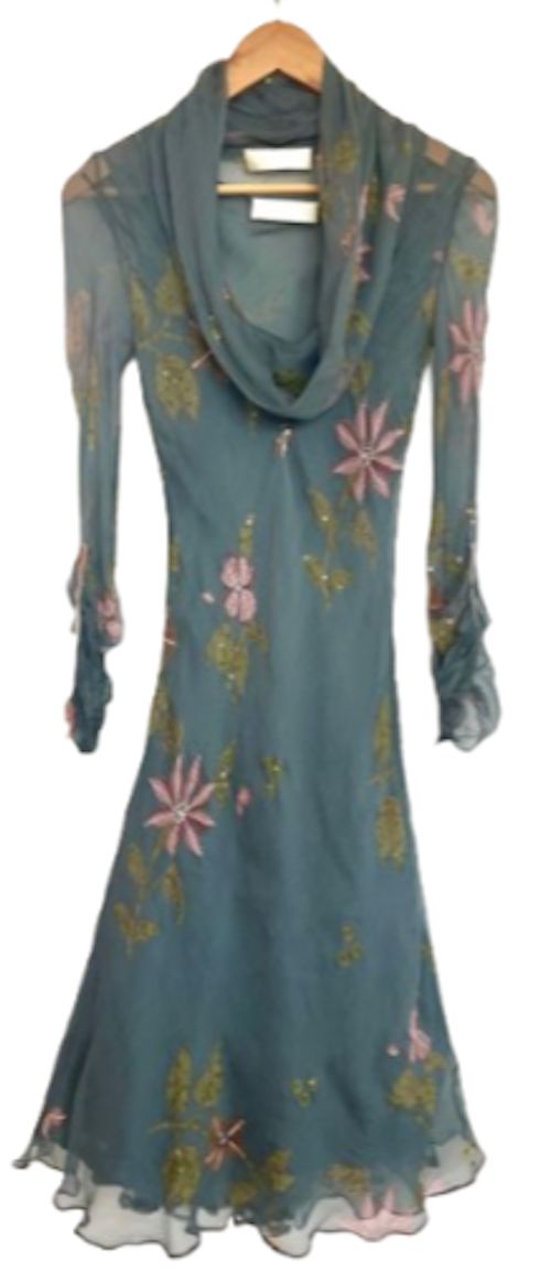 Draped Neck Silk Chiffon Beaded Dress