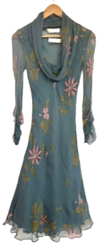 Draped Neck Silk Chiffon Beaded Dress